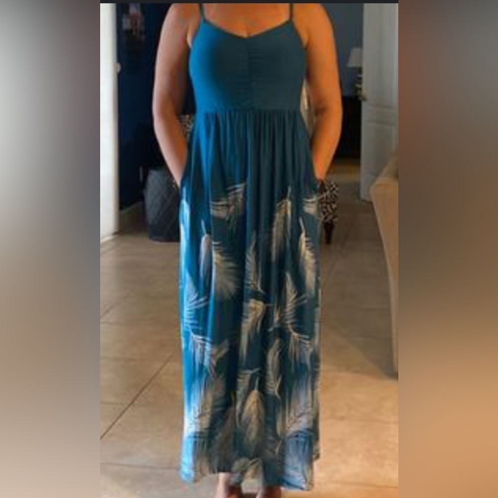 Soma Maxi Bra Dress Womens XS Teal Green Ultimate Tropic Palm Hawaiian Resort